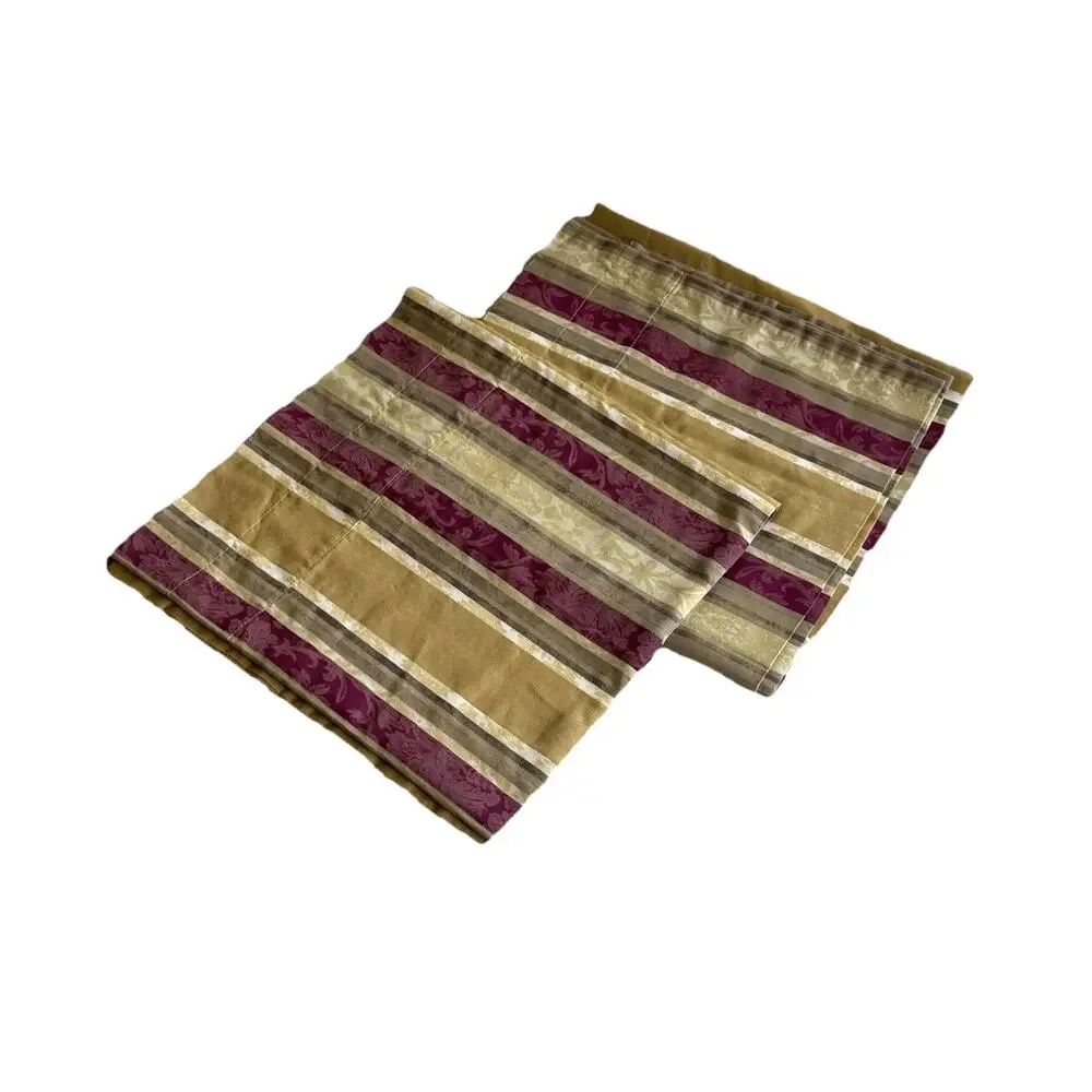 Pair Vintage Striped Valances Maroon Tan Green Jacquard Print Curtains Short 2